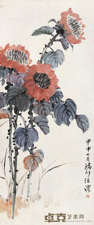 汪溶 1944年作 花鸟 立轴 80×33cm